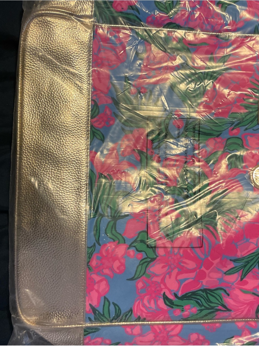 Lilly Pulitzer Pink Floral Tote with Gold Trim on Blue - Picture 4 of 4